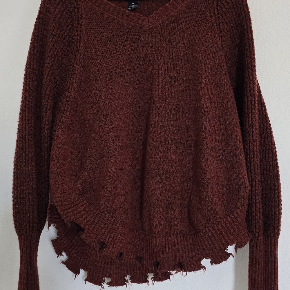 Women's Burgundy Distressed Sweater